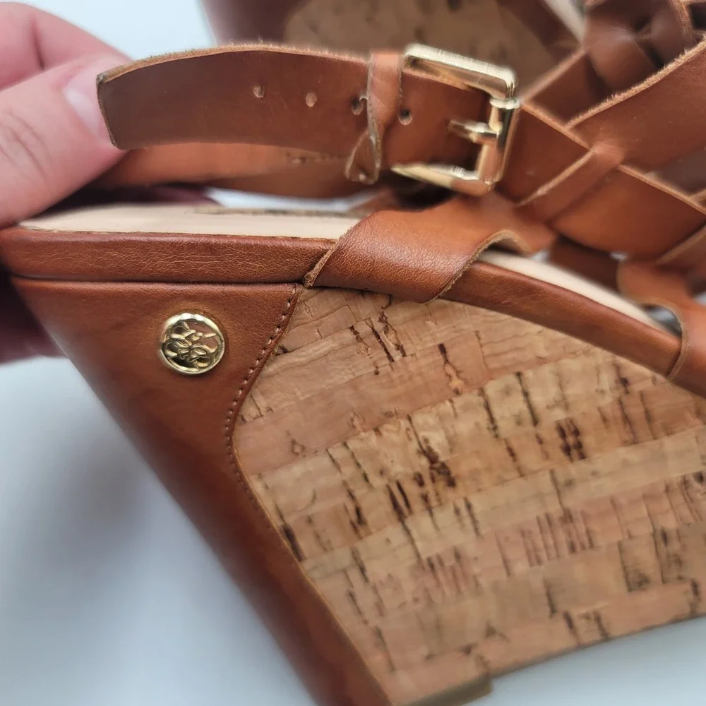 Guess Womens Cognac Brown Leather Strappy Cork Boho Platform Wedge Sandals